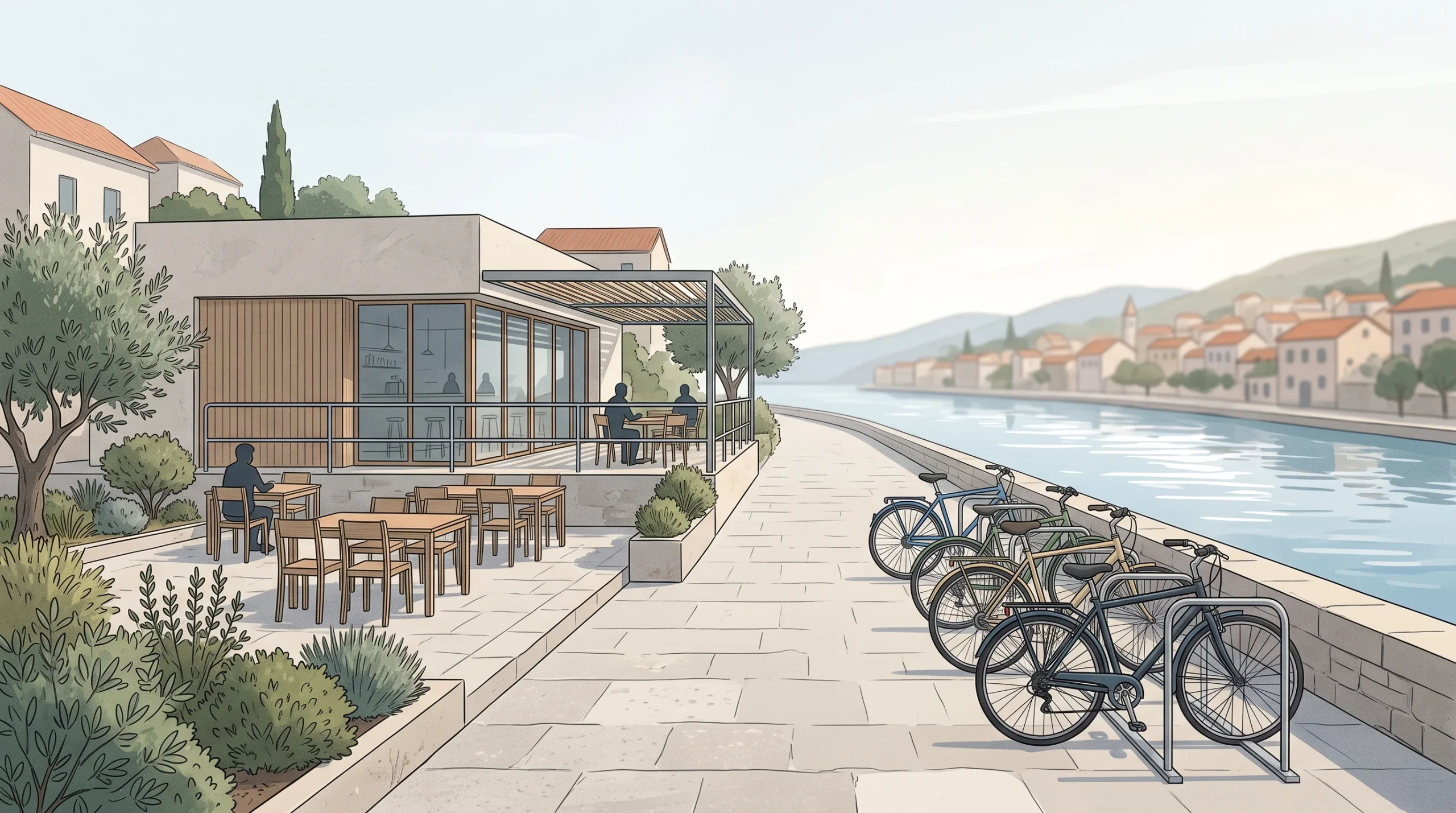 A conceptual illustration of a cafe with bicycles parked outside.