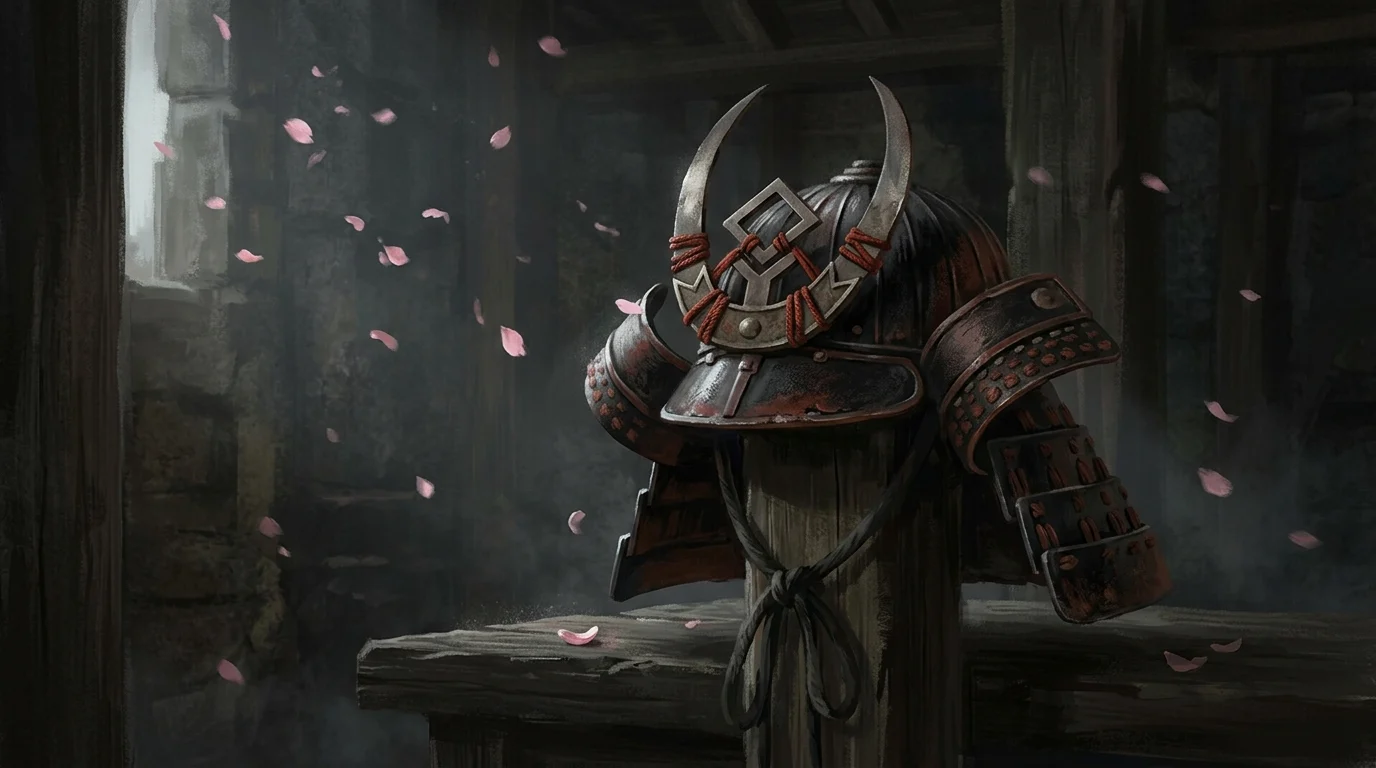 A stylised digital illustration of a samurai helmet.