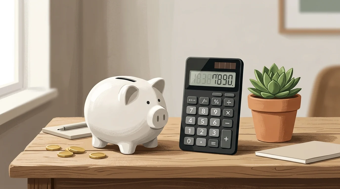 A ceramic piggy bank and calculator on a desk representing savings for a home.