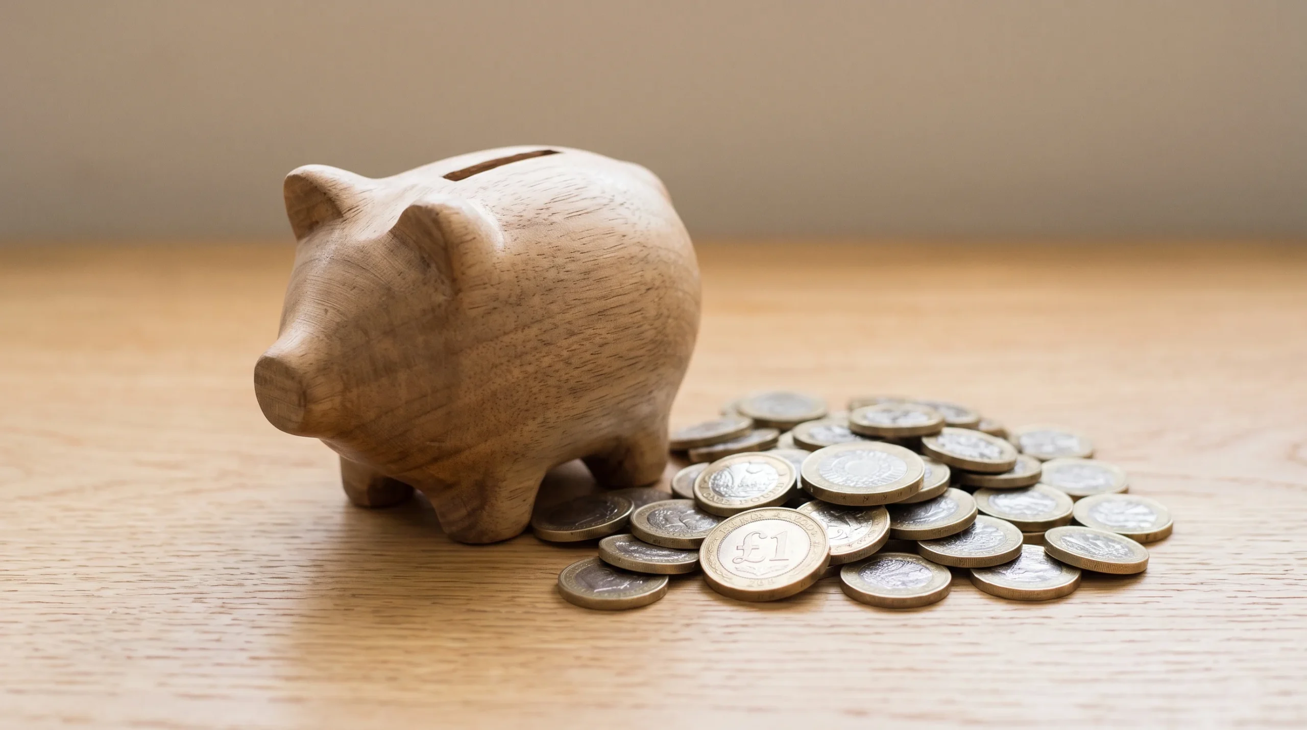 A wooden piggy bank and UK pound coins representing savings.