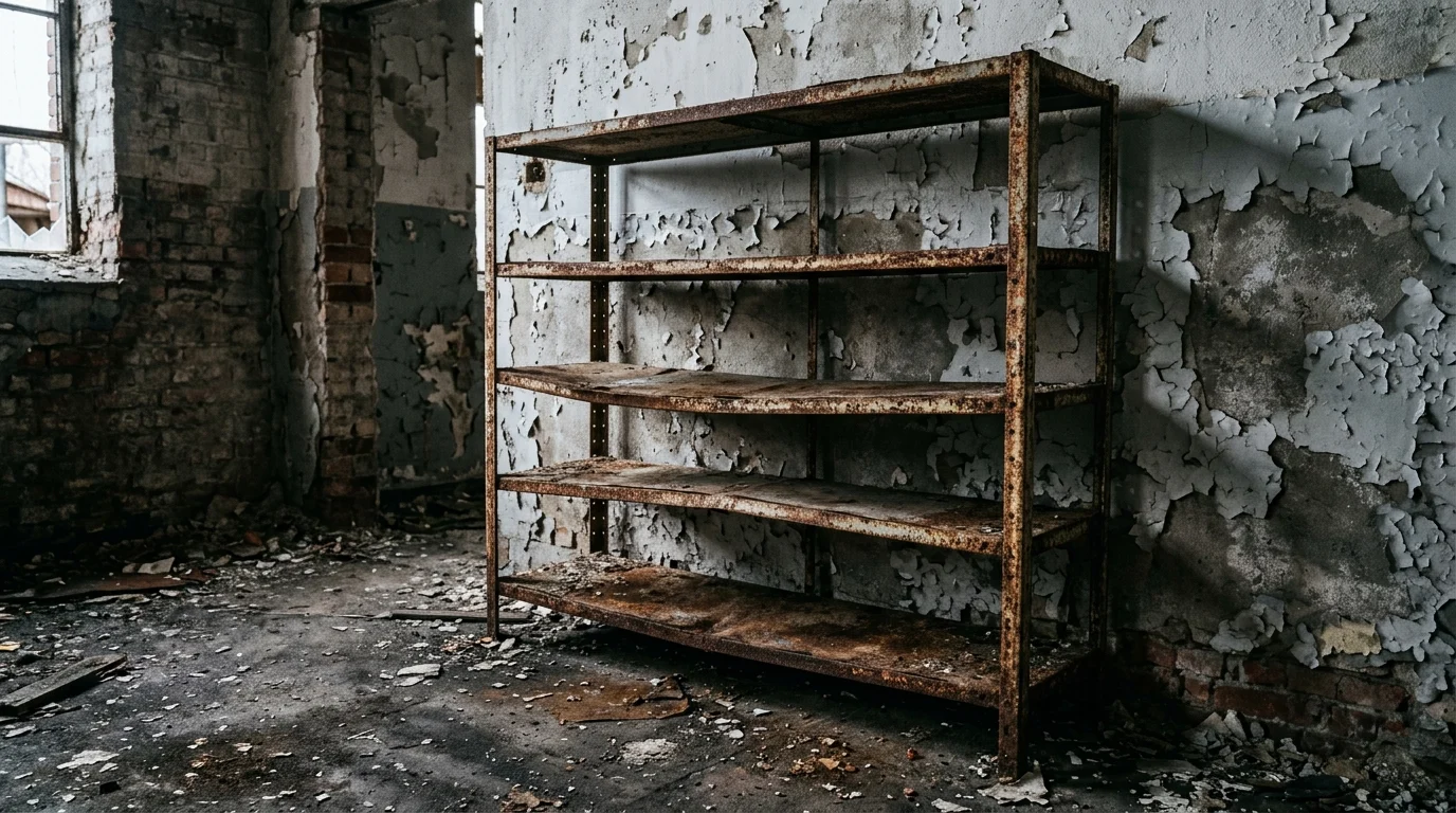 An empty rusted shelf inside a derelict building.