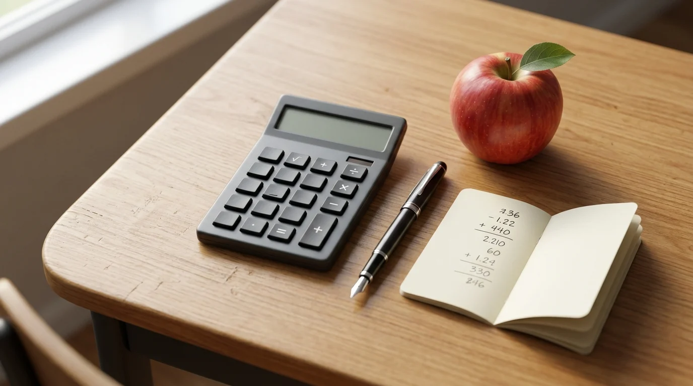 A calculator and pen on a desk representing school financial planning.