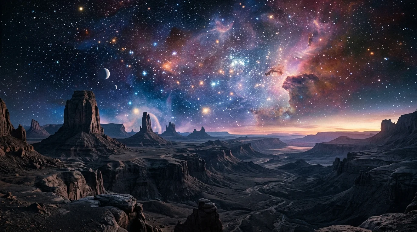 A conceptual illustration of a sci-fi planetary landscape.