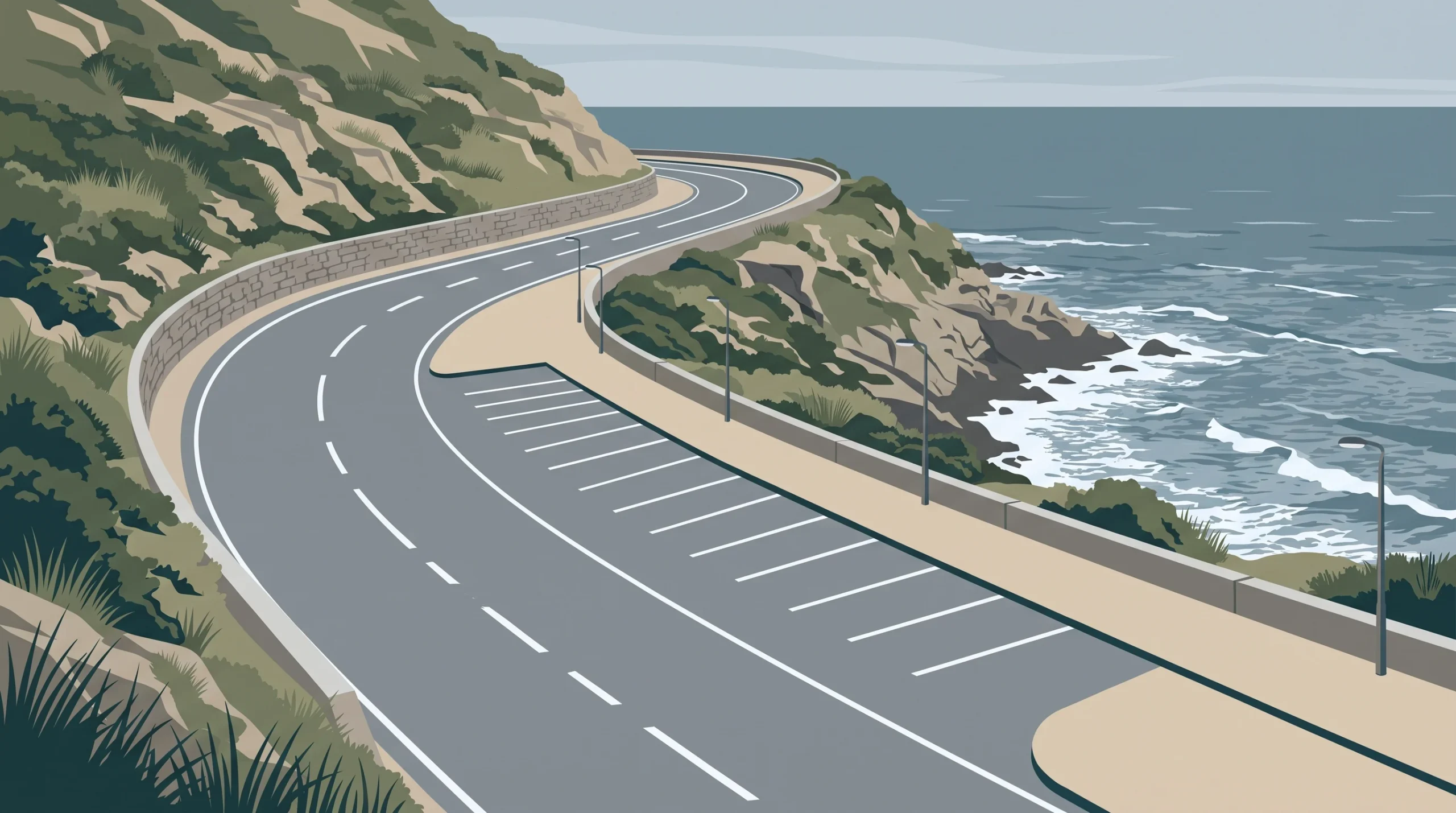 A conceptual illustration of a coastal road and parking bays.