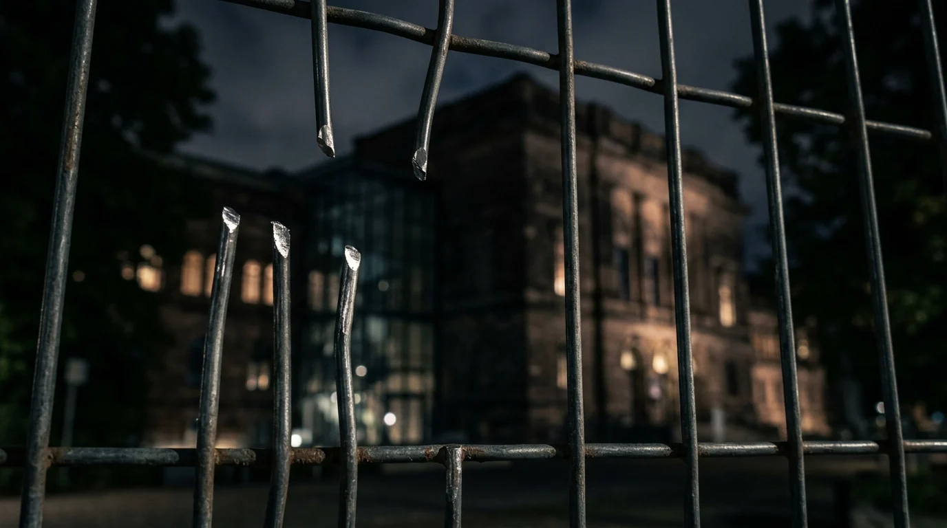 A close-up of a cut security fence at night.