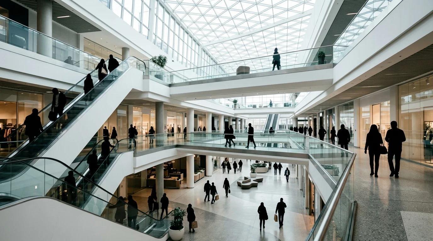 A conceptual view of a modern shopping centre interior.