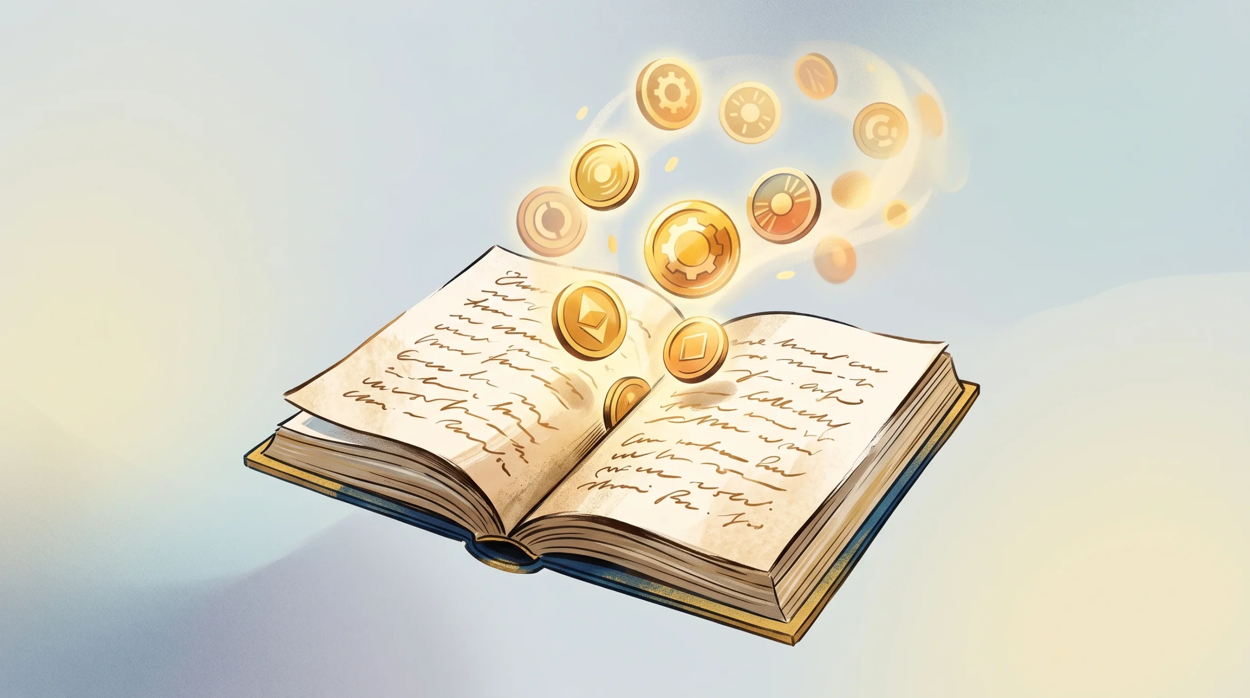 A conceptual illustration of an open book with glowing tokens floating above it.