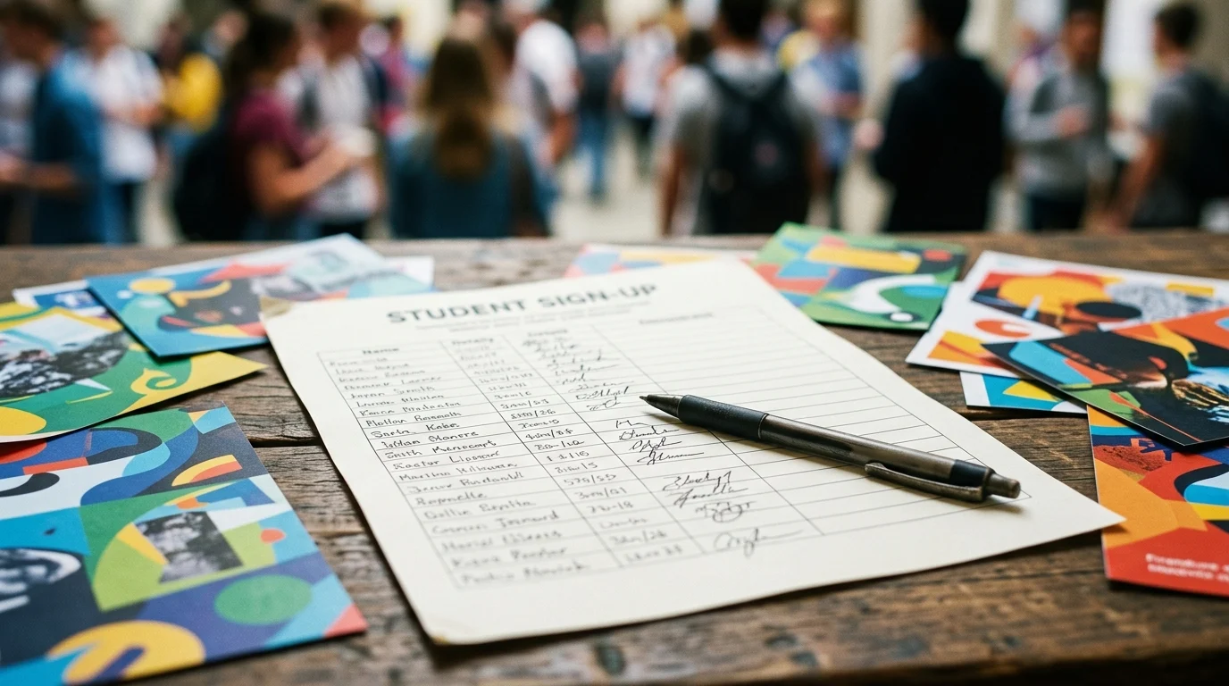 Conceptual close-up of a student society sign-up sheet.