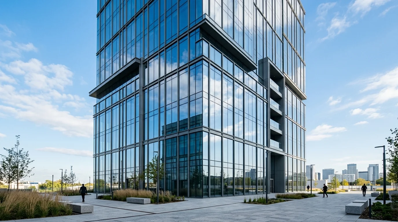 Modern office building facade representing a regional business district.