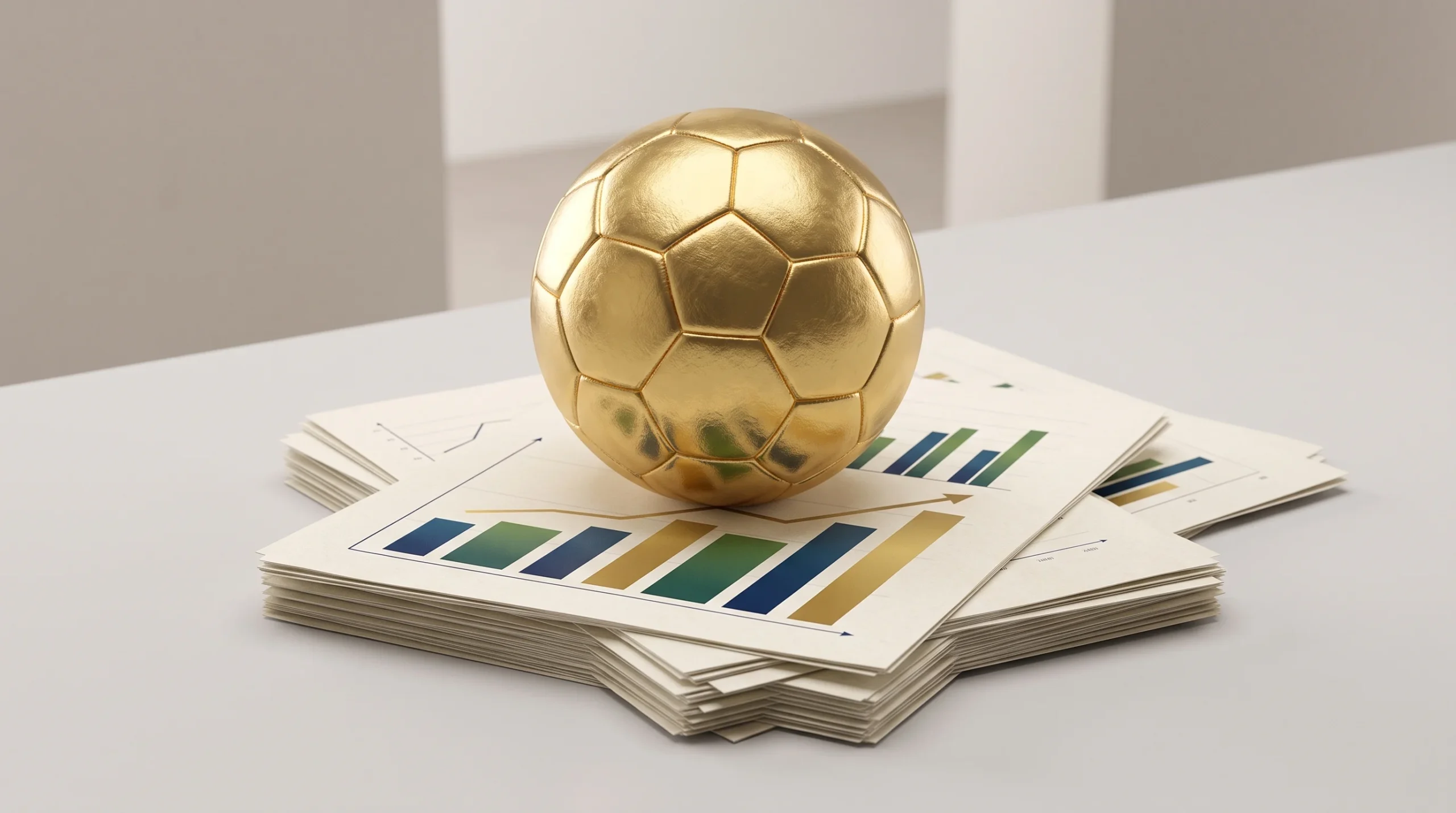 A conceptual illustration of a gold football on financial charts