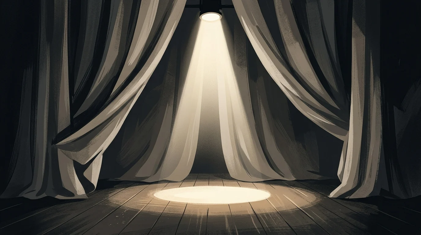 A spotlight on a stage with velvet curtains.