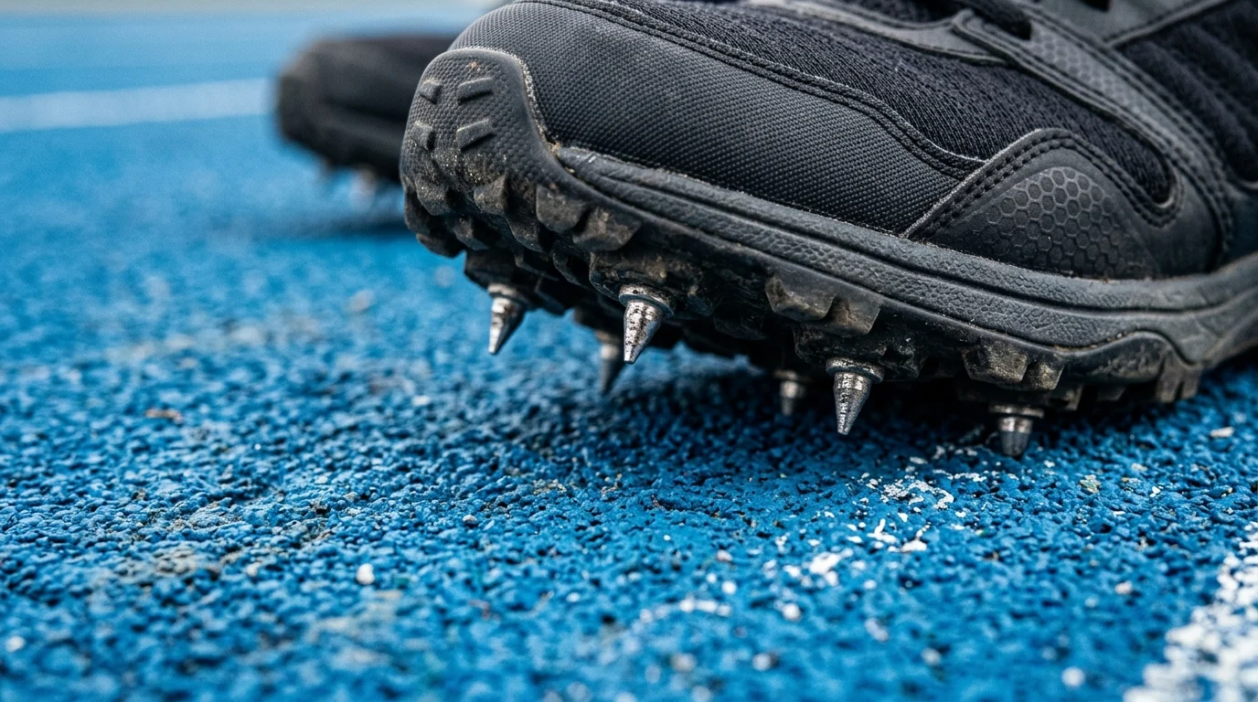 A close-up of athletic spikes on a blue track.