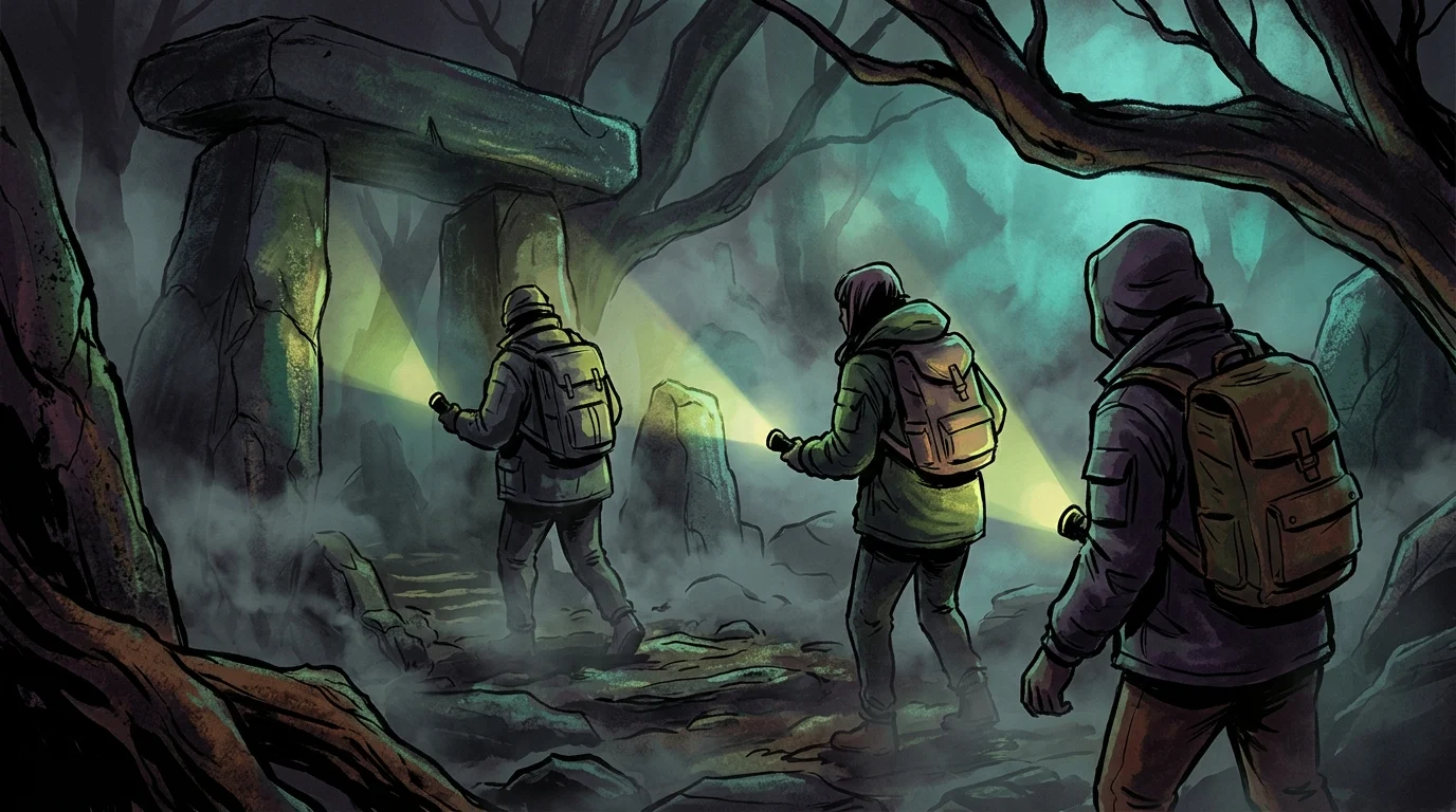 Conceptual illustration of three figures exploring a mystery with torches.