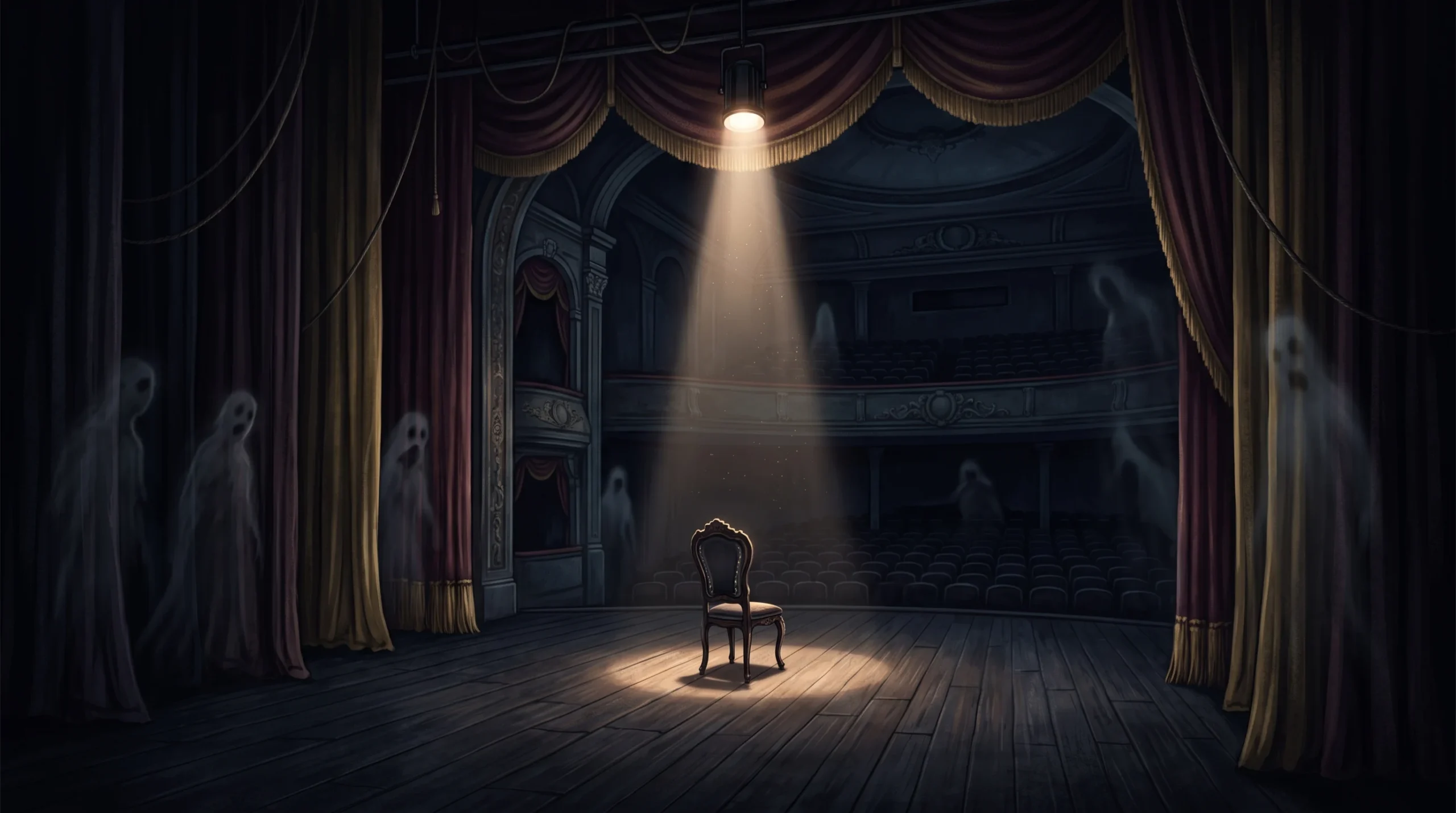 A conceptual illustration of a spooky theatre stage with a single spotlight.
