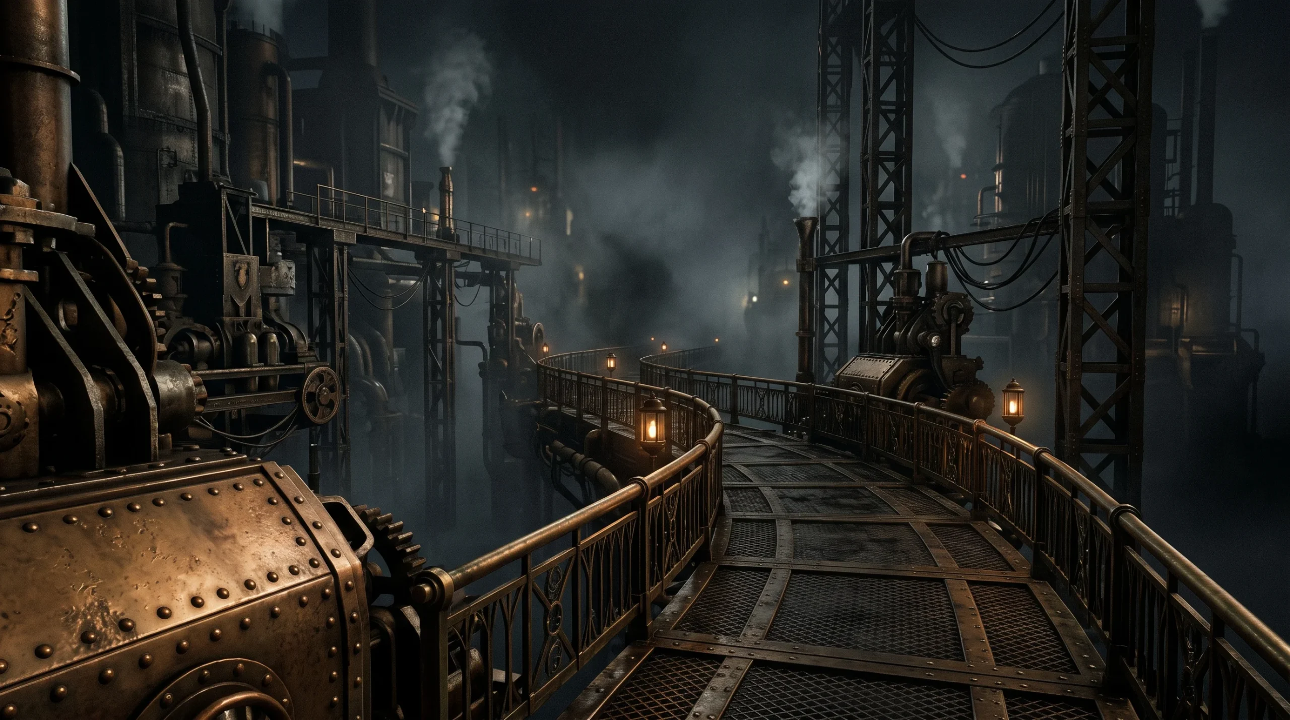 A dark industrial mechanical path in a Victorian steampunk style