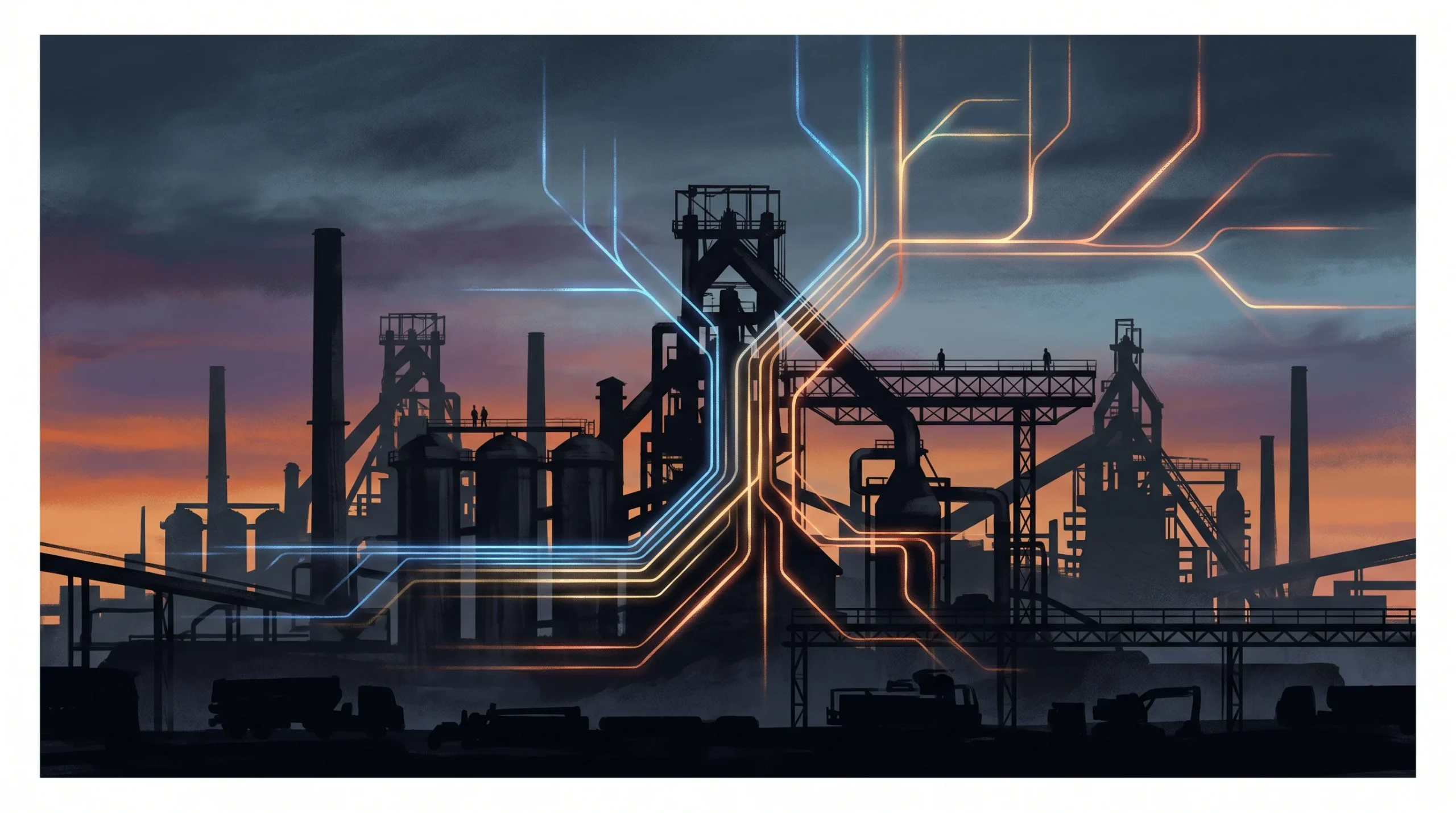 Conceptual illustration of an industrial steel works site with electrical grid motifs.