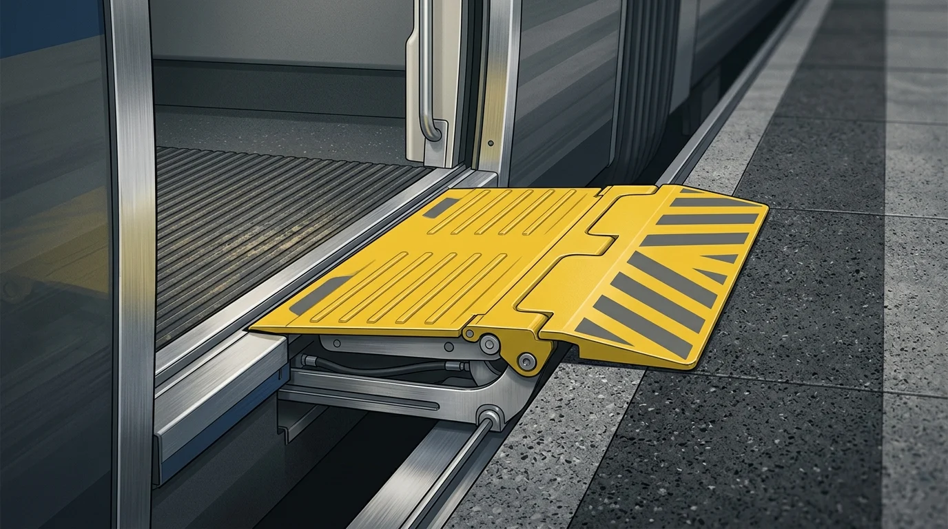 Close up illustration of a train door threshold flush with a platform.