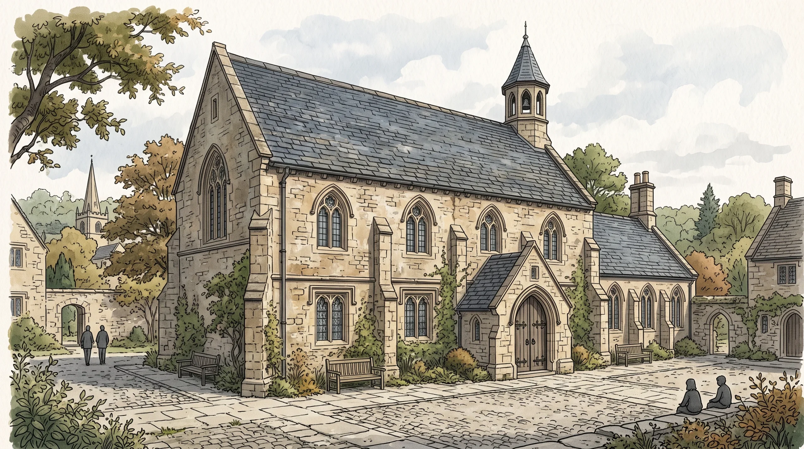 Conceptual illustration of a historic stone school building.