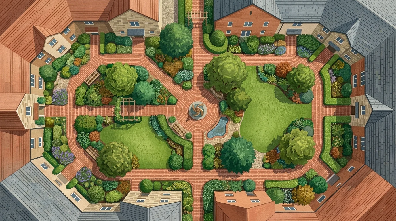 Abstract illustration of a residential courtyard and landscaped garden.