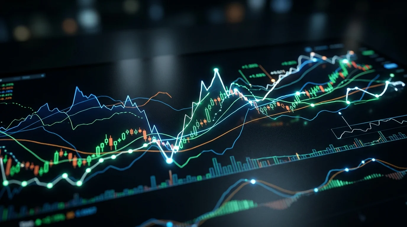 A close-up of digital stock market indicators and fluctuating charts.