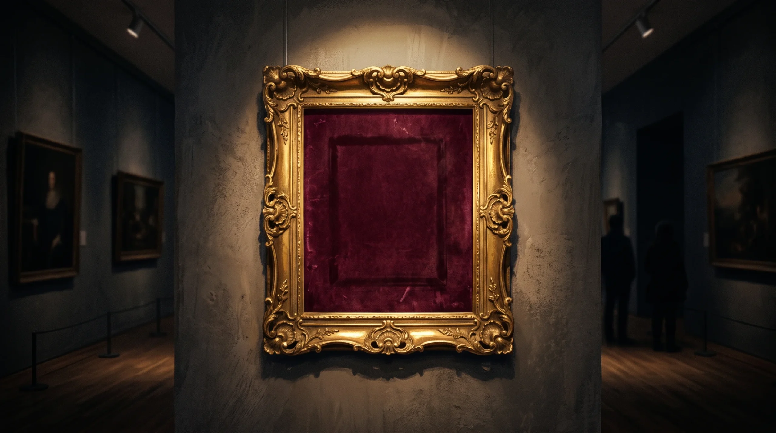 An empty ornate gold frame on a museum wall representing a stolen painting.