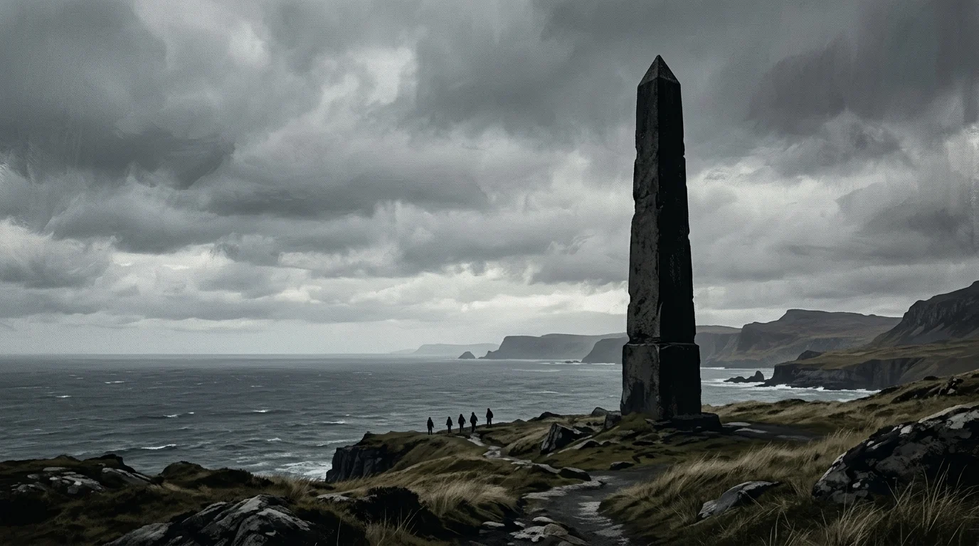 Silhouette of a stone obelisk against a grey sky.