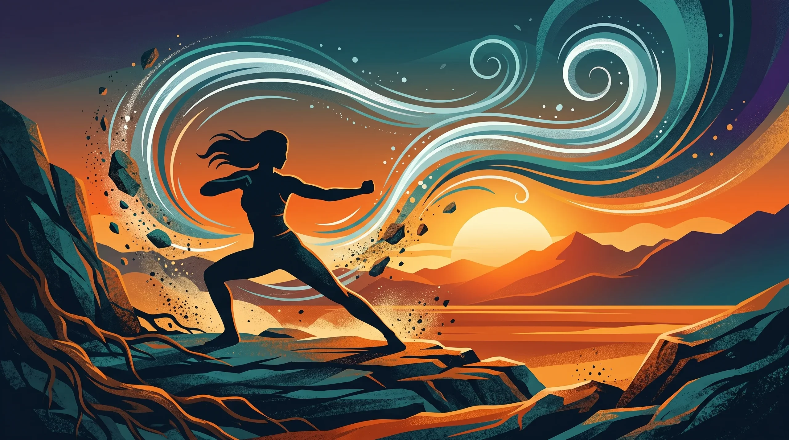 Conceptual illustration of elemental martial arts energy.