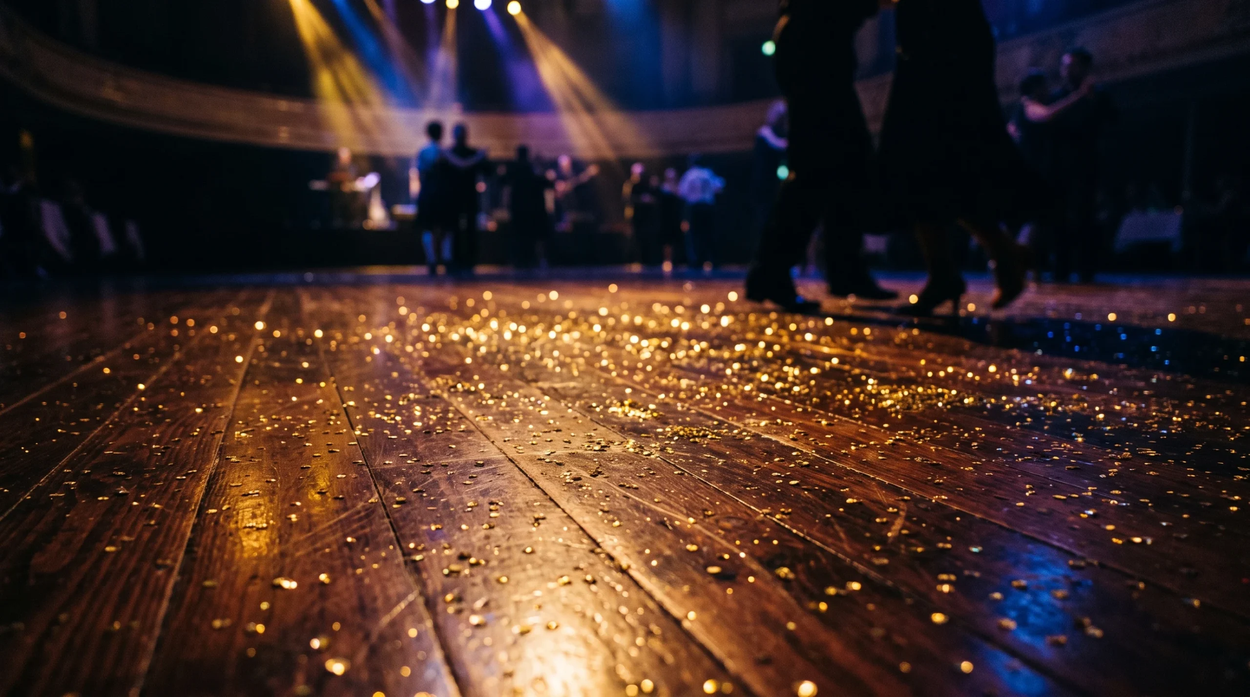 A polished ballroom dance floor under bright stage lights.