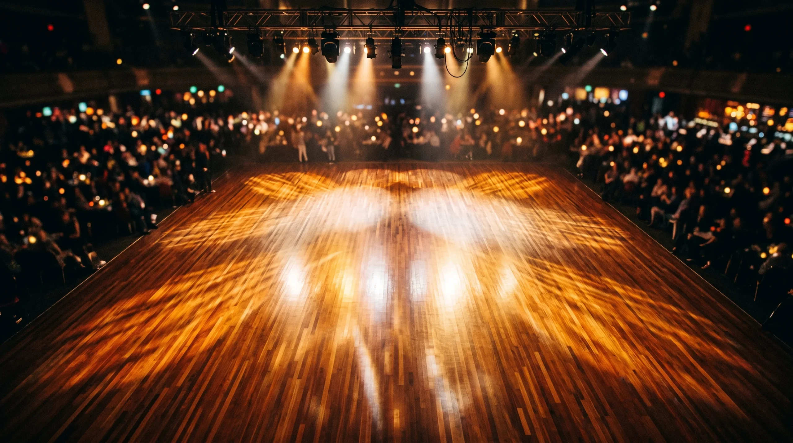 A polished wooden dance floor illuminated by spotlights in a television studio setting.