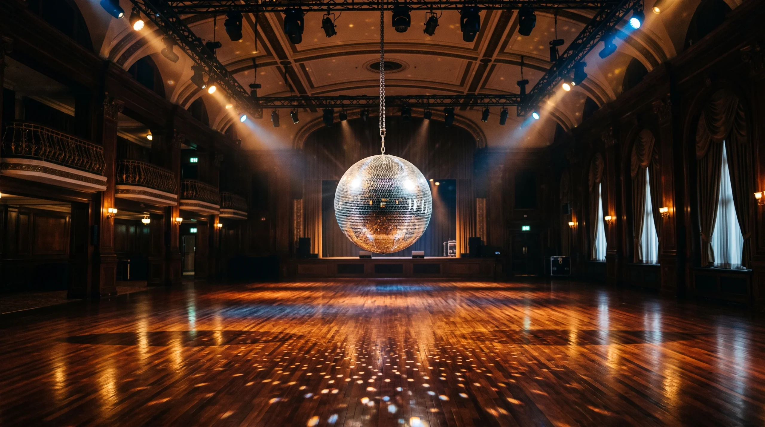 A shimmering glitterball hanging over an empty wooden ballroom floor.