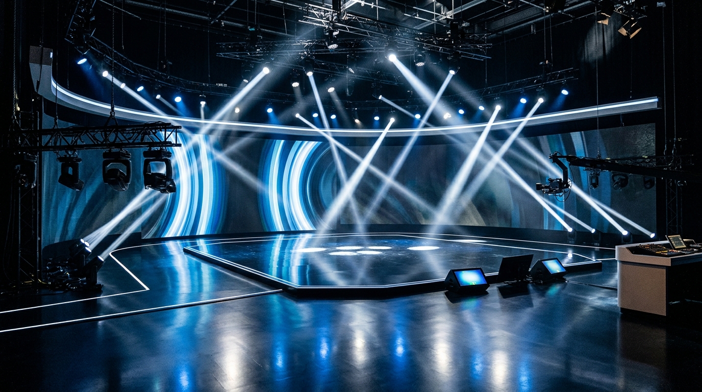 An abstract view of a television studio stage with bright spotlights.