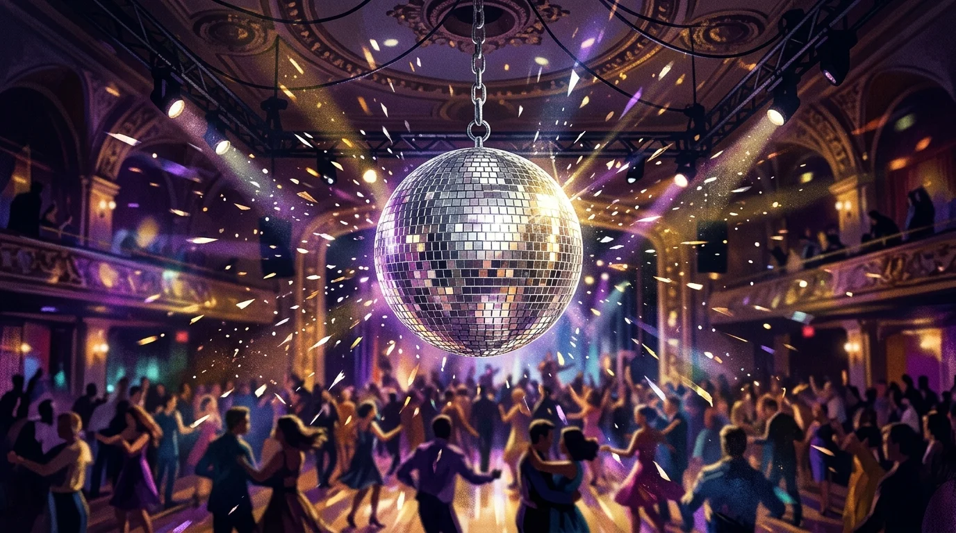 A glittering disco ball in a ballroom