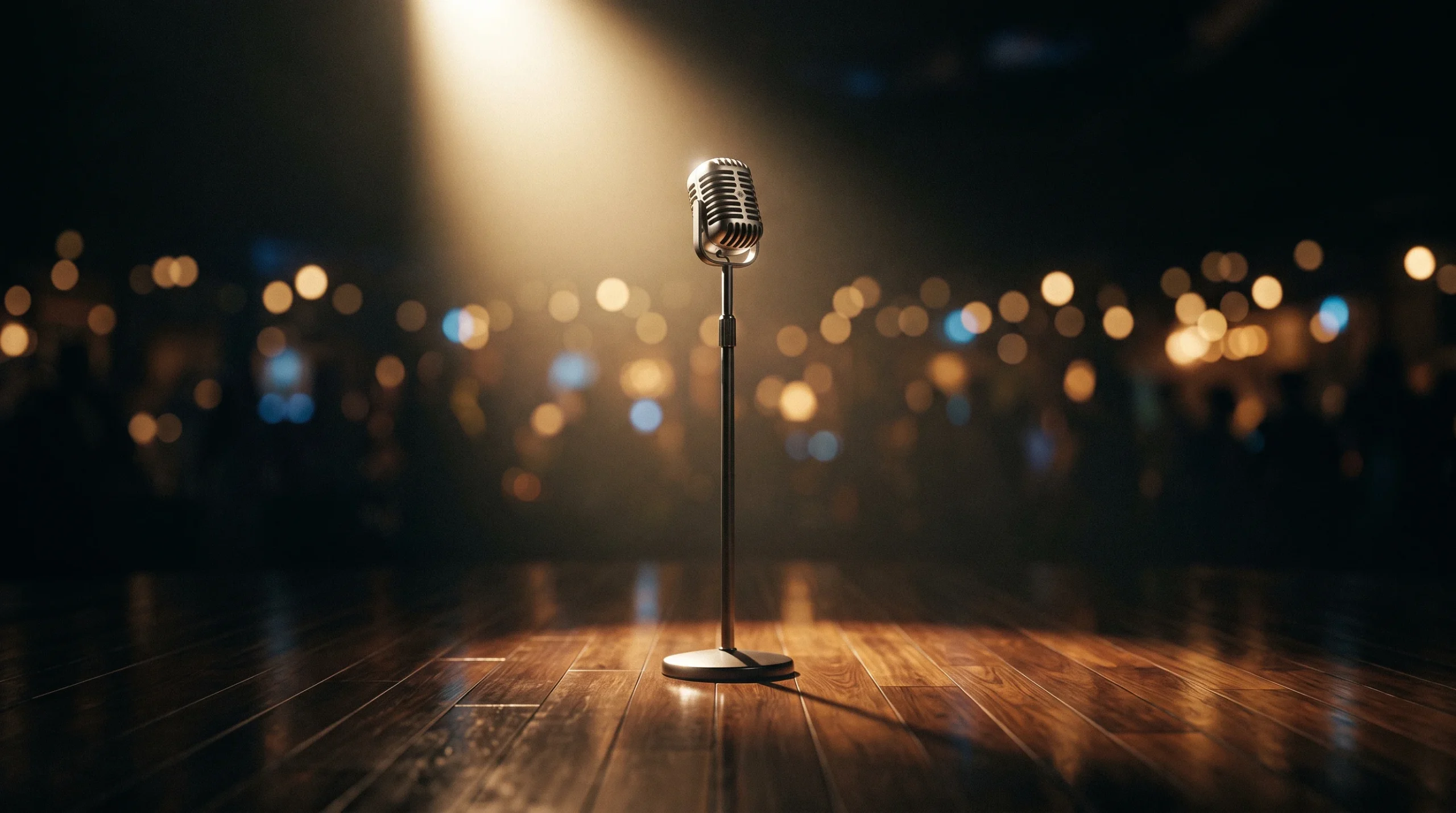 A spotlight on a microphone stand on a dancefloor