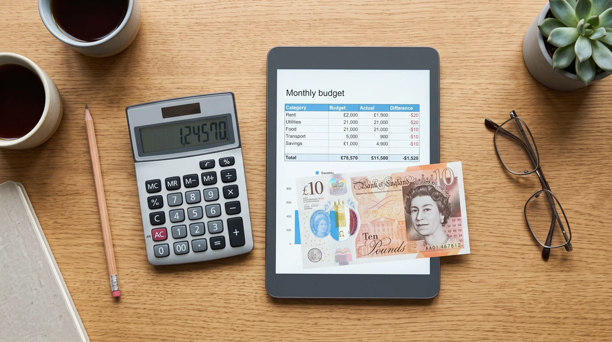 A budget spreadsheet on a tablet next to a calculator and British currency.