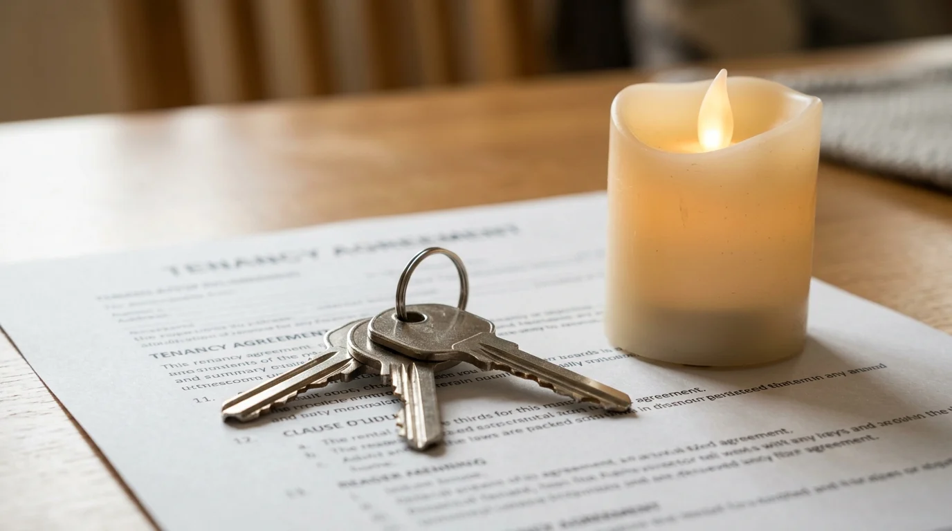 A close-up of house keys and a rental agreement.