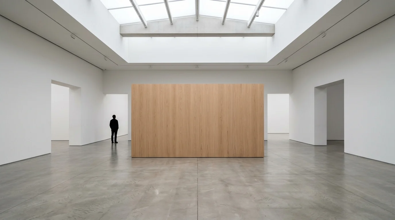 A minimalist art gallery interior with a simple wooden structure.