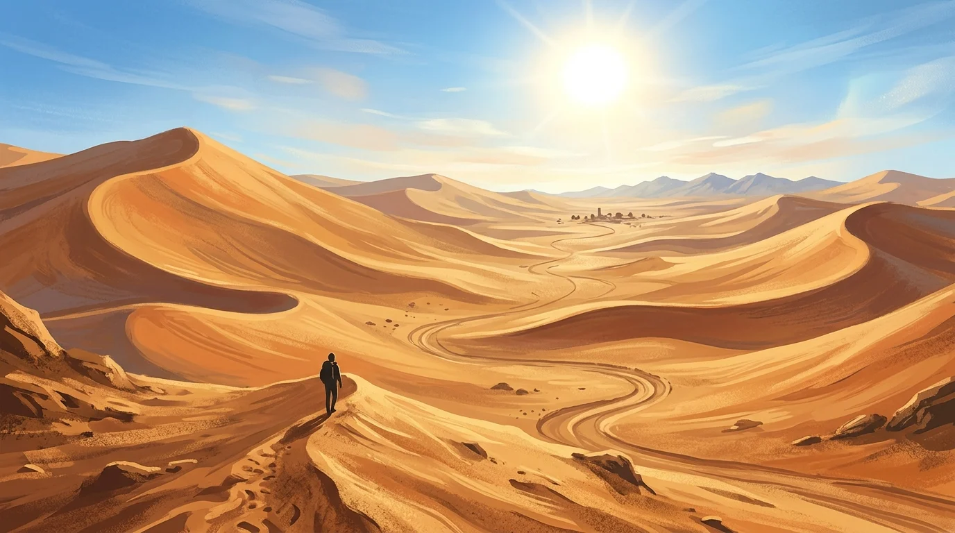 A conceptual illustration of a vast desert landscape.