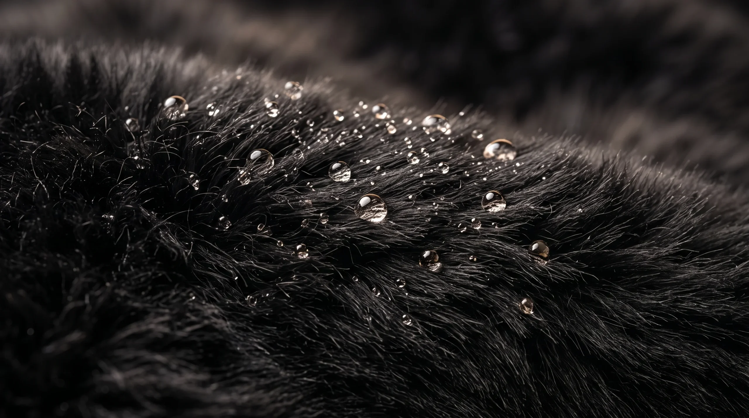 A close-up of a synthetic black fur material with water droplets on it.