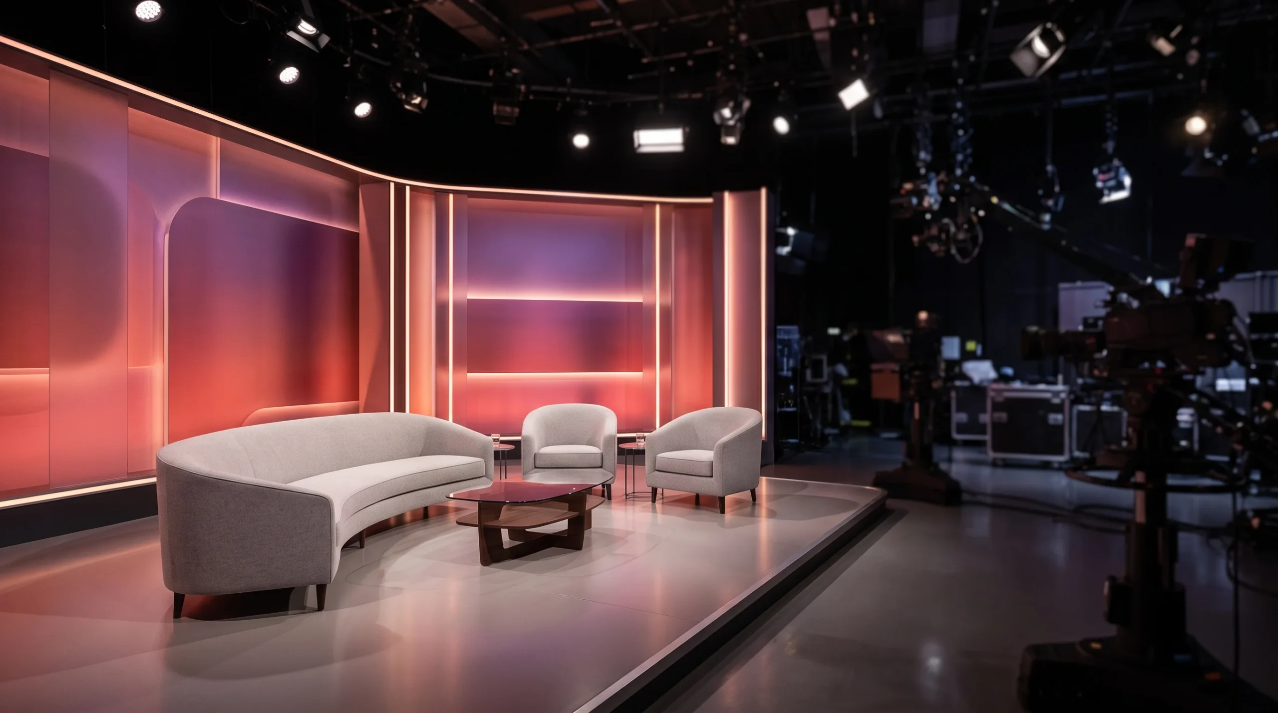 A conceptual illustration of a television talk show set with a curved sofa and studio lighting.