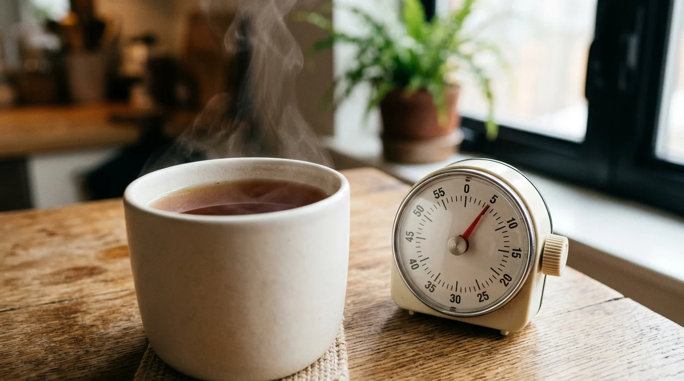 A cup of tea next to a timer.