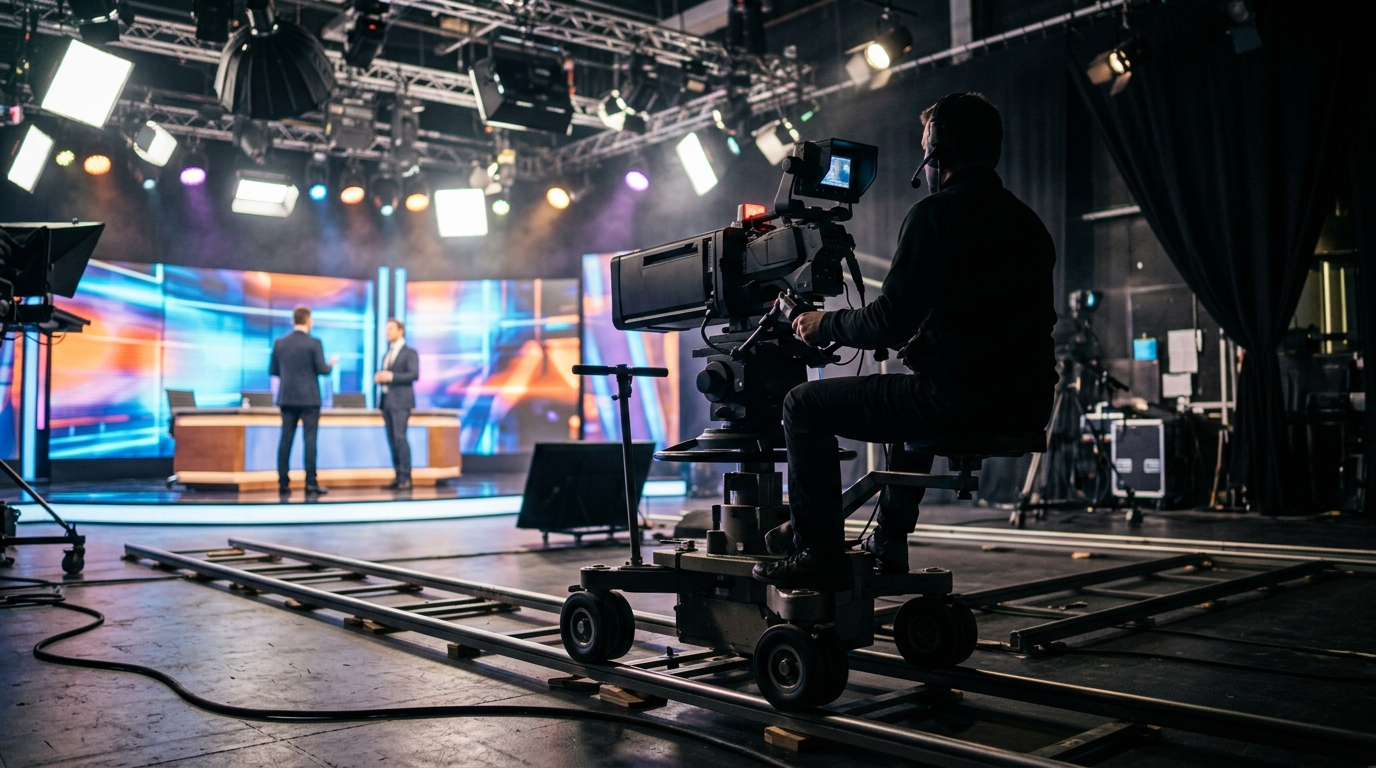 A professional television camera in a brightly lit studio setting.