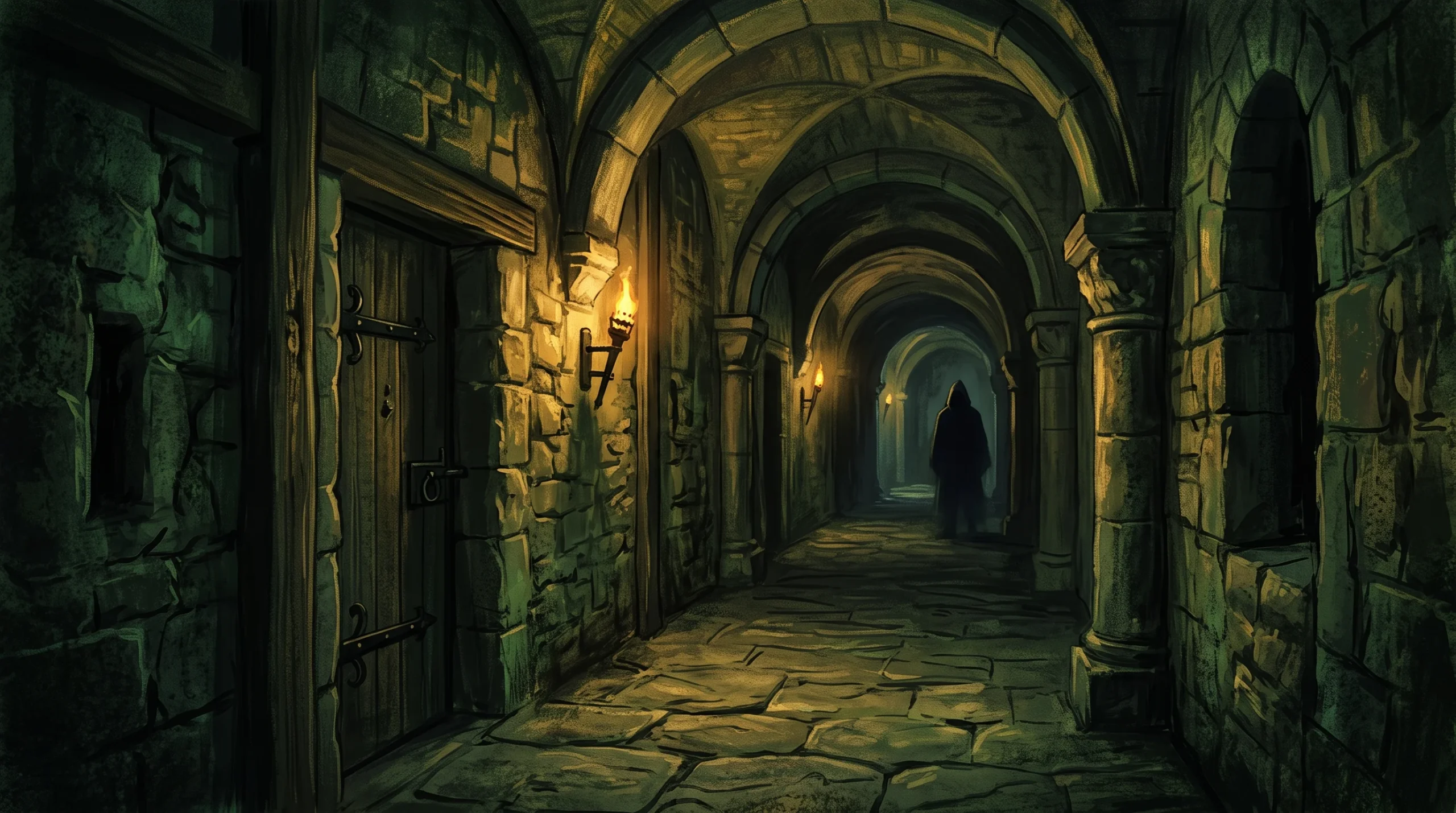 A shadowy corridor in a castle with a hooded figure in the distance.