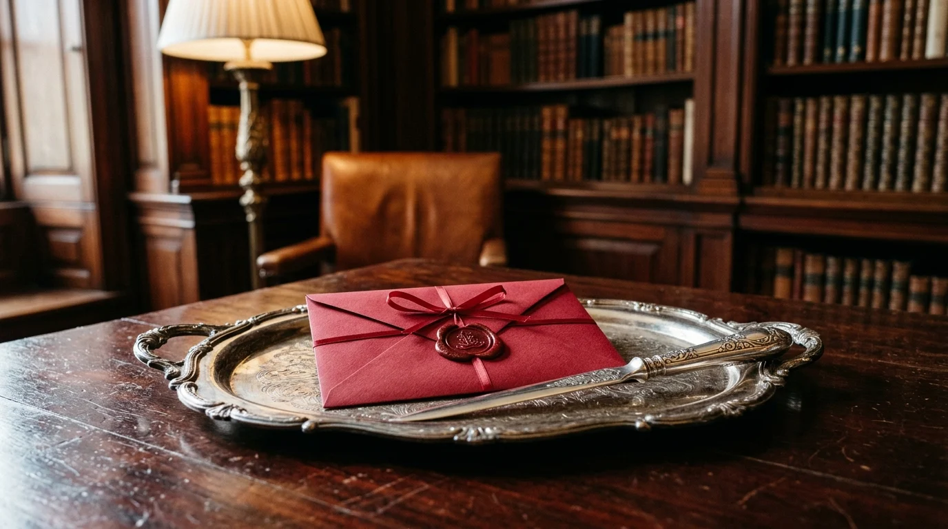 A silver tray with a sealed envelope on a wooden table.