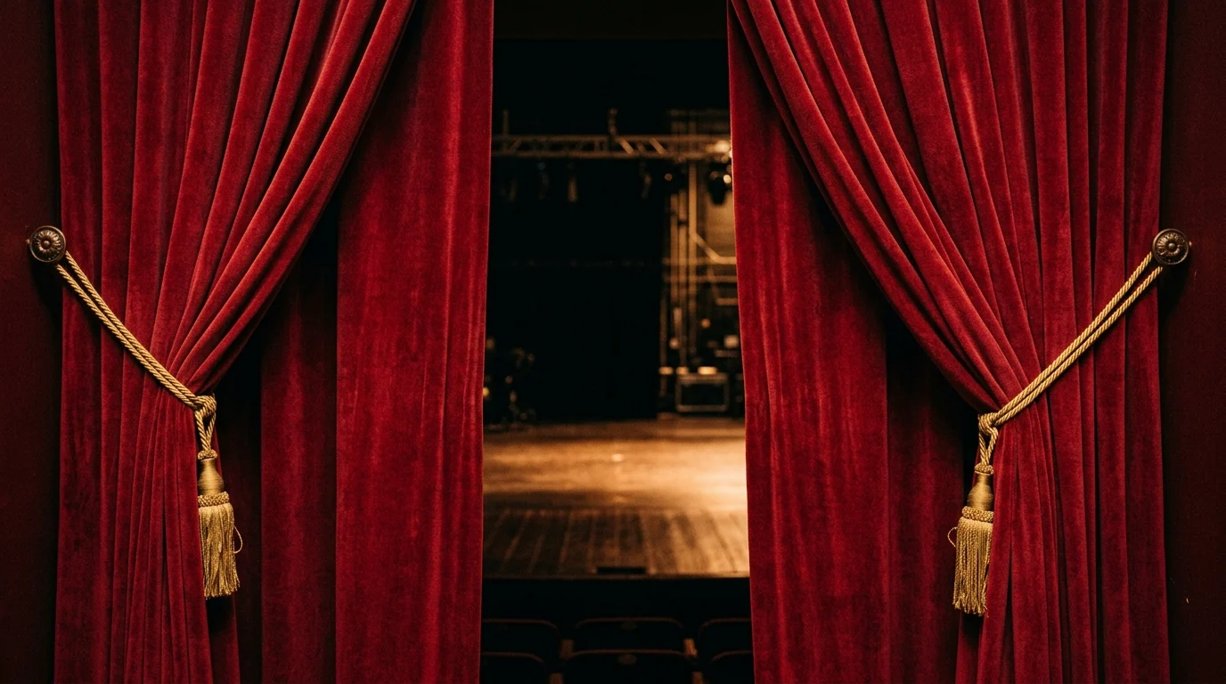 Red velvet theatre curtains slightly open with stage lighting behind.