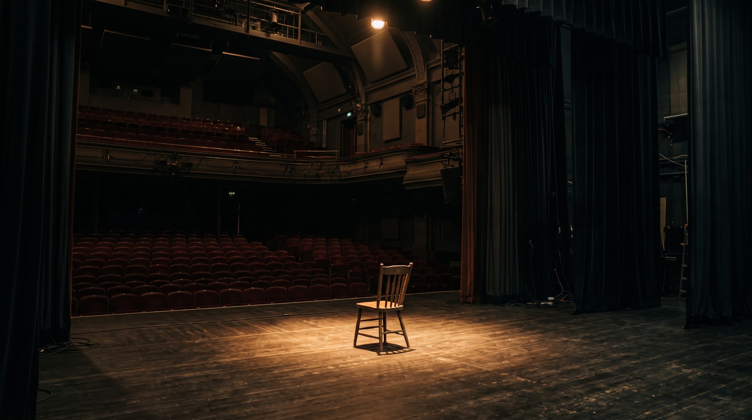 A theatrical stage illuminated by spotlights in an empty auditorium.