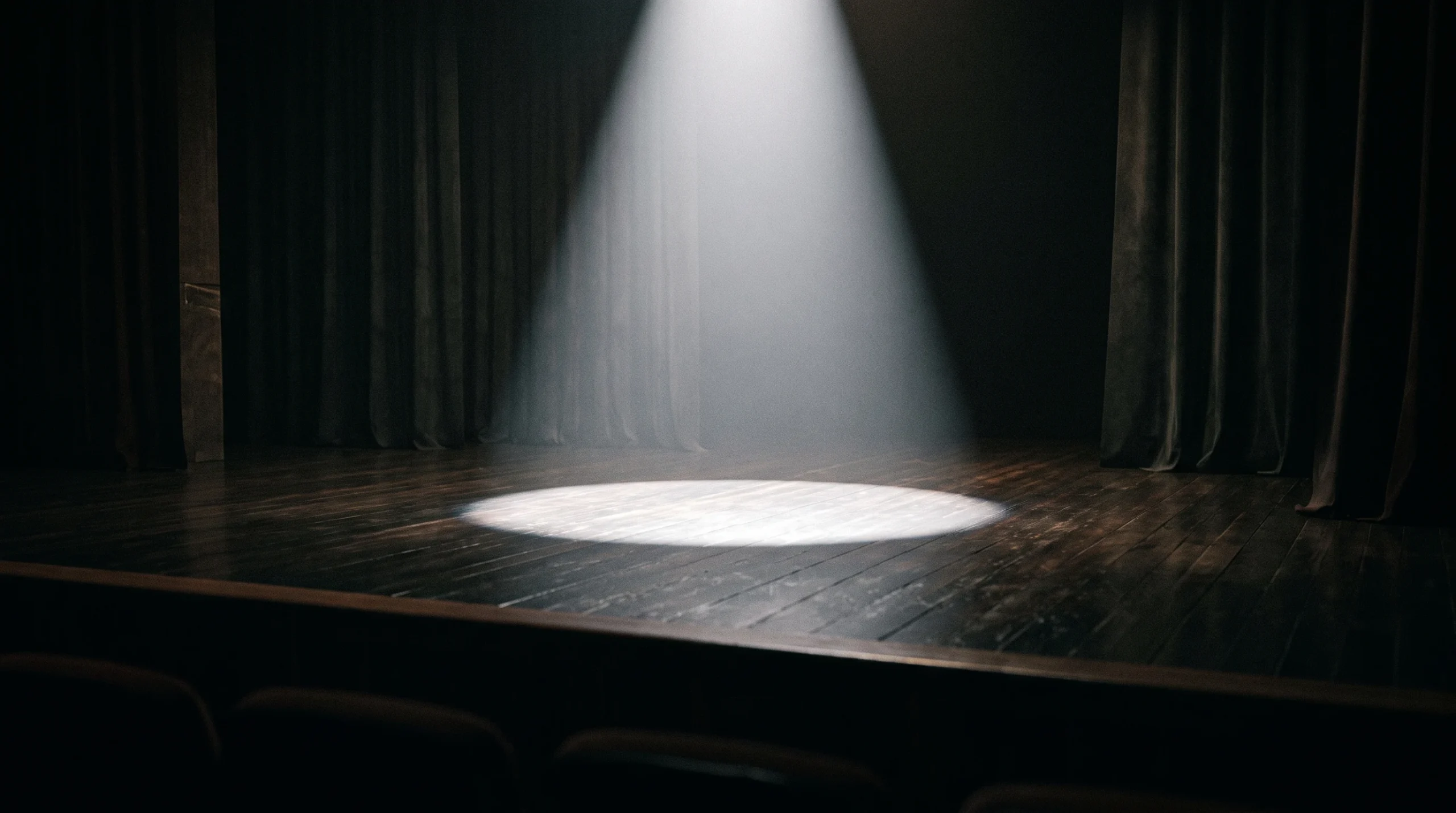 A single spotlight on an empty theatre stage