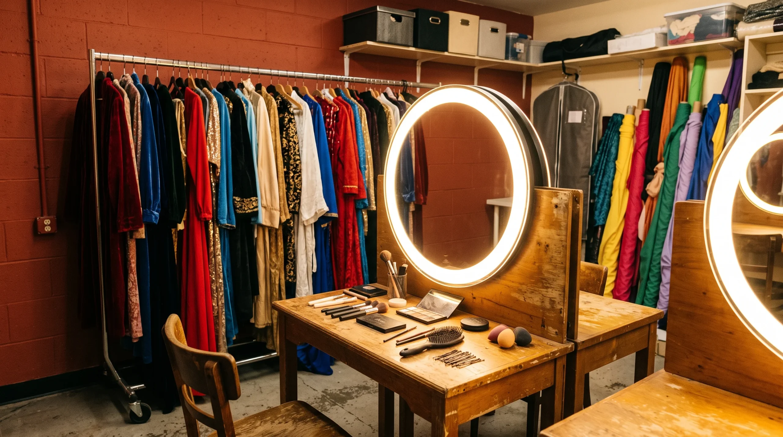 A theatrical dressing room with a ring-light mirror and colourful costumes.