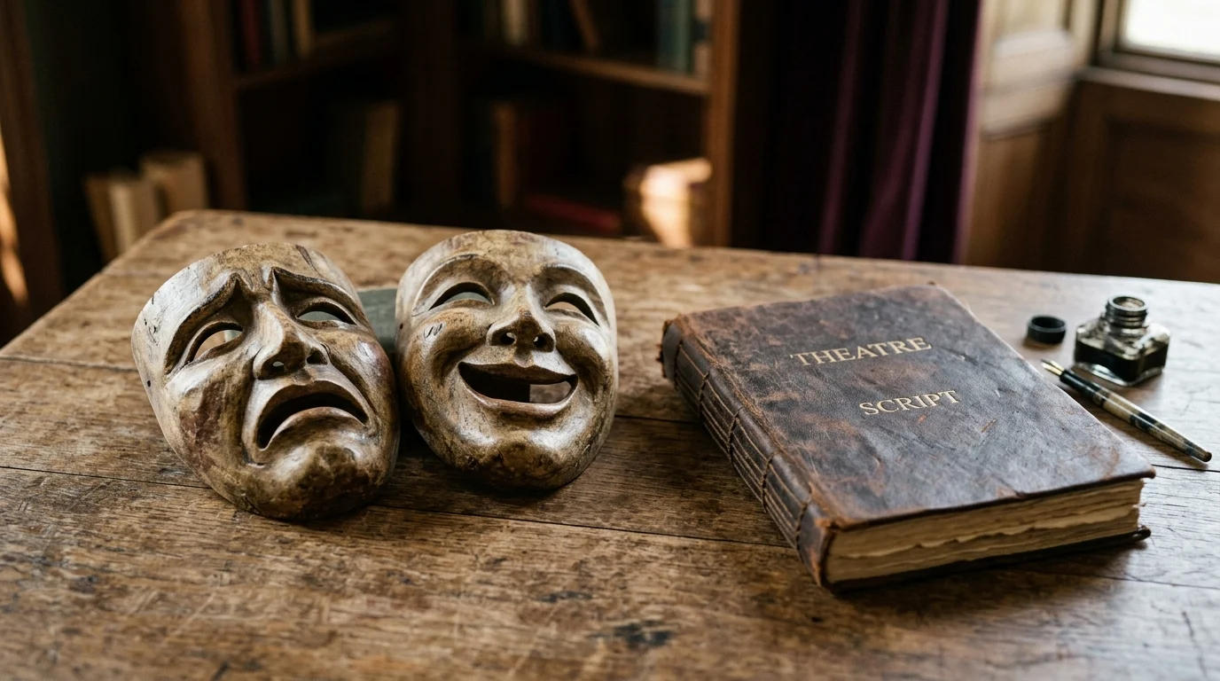Theatrical masks and a script on a table