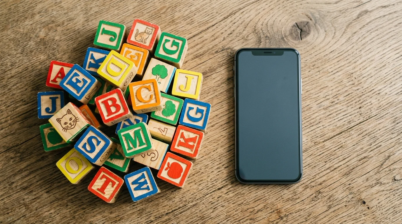 Wooden alphabet blocks next to a modern smartphone.