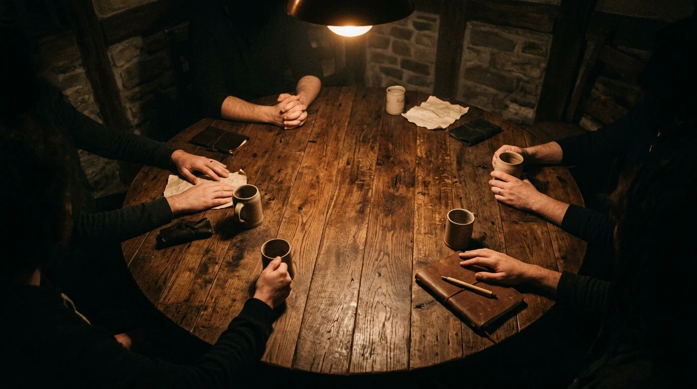 A large round wooden table in a dimly lit room.